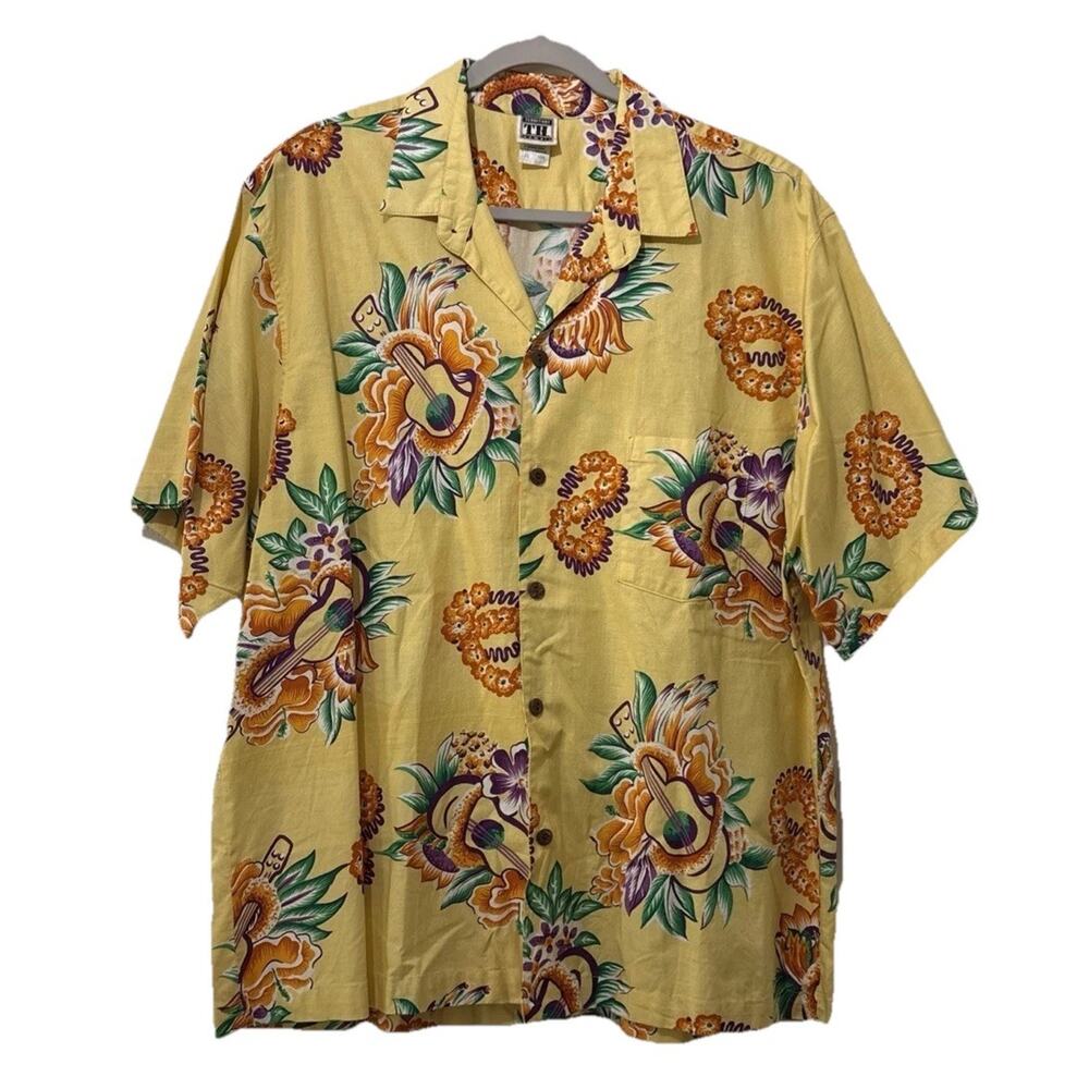 Vintage Territory Hawaii Shirt Yellow Wooden Buttons Size XL Made In USA Cotton